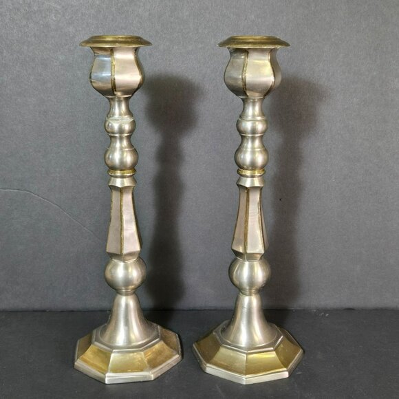 Vintage Pair 10" Solid Brass Two-tone Taper Candle Candlestick Holders India - Picture 1 of 12